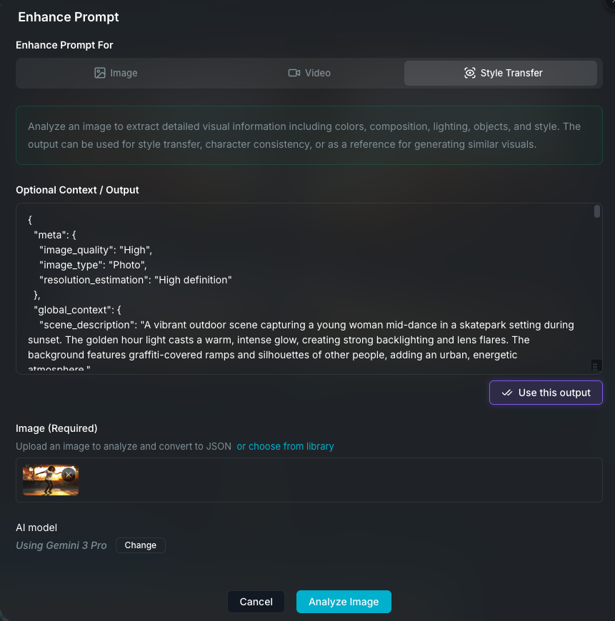 Vision-to-JSON style transfer mode