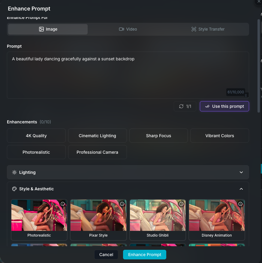 Prompt Enhancer modal