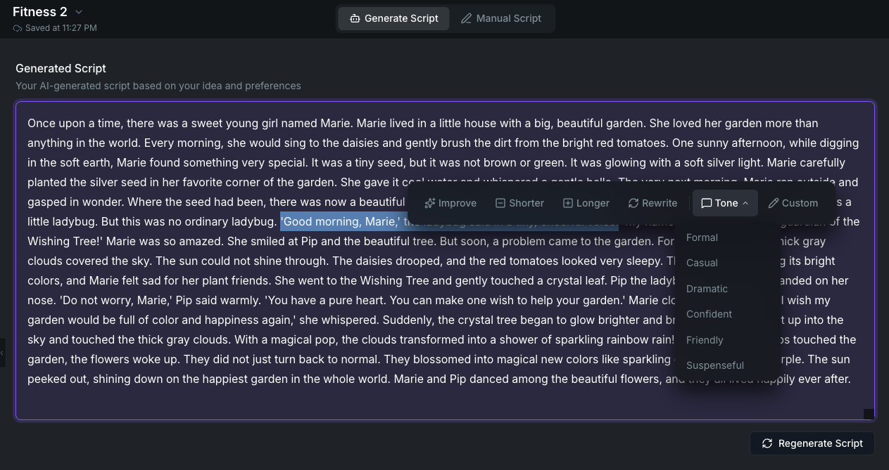 Script editor with AI toolbar