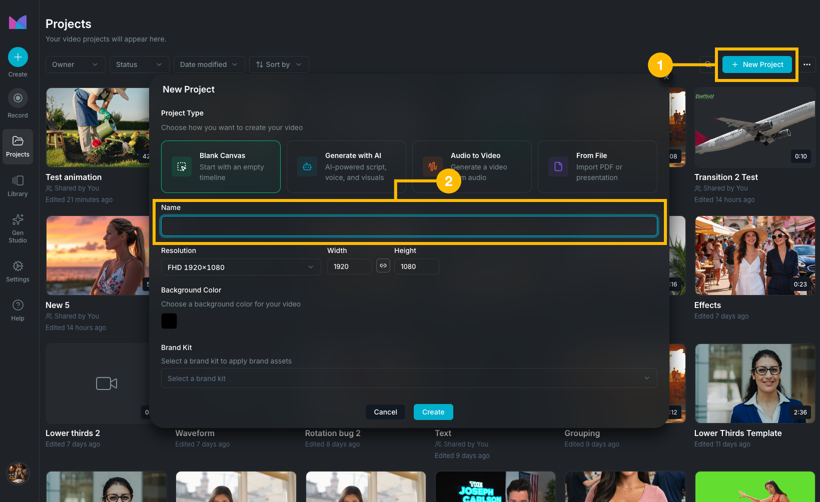 the create project screen
