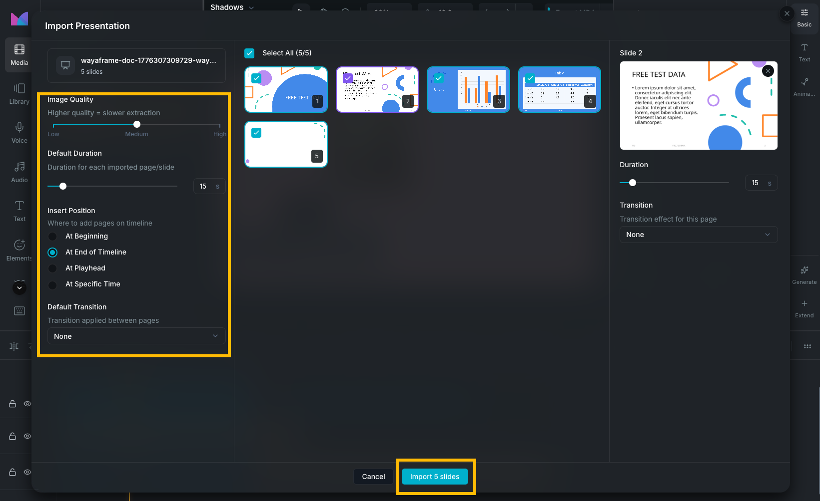 the document import modal settings