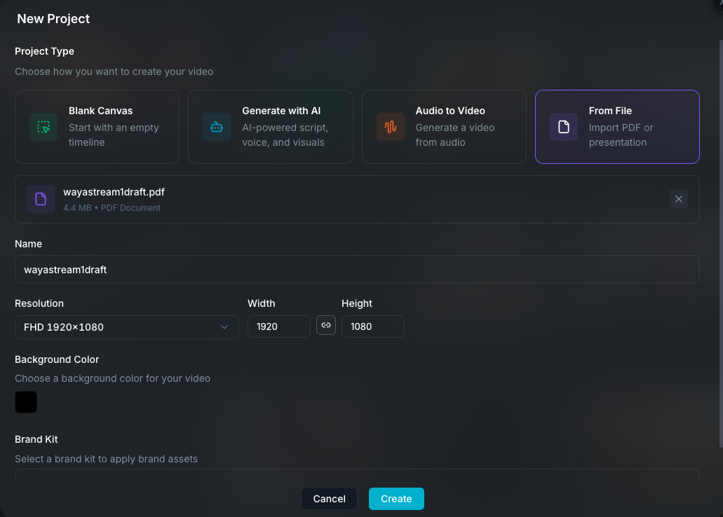 the From File option in the create project modal