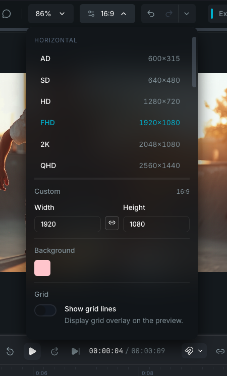 Canvas settings dropdown