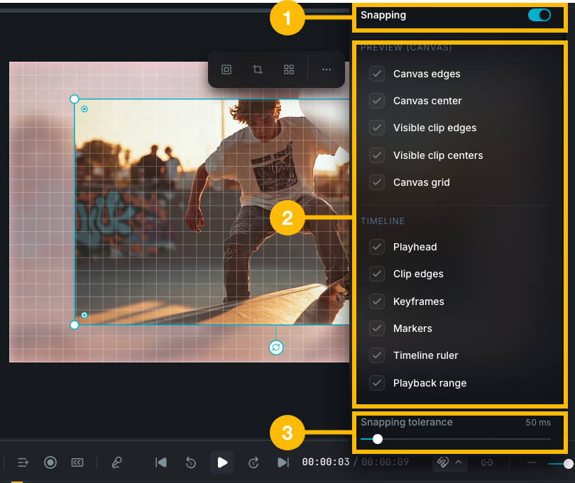 Snap settings dropdown