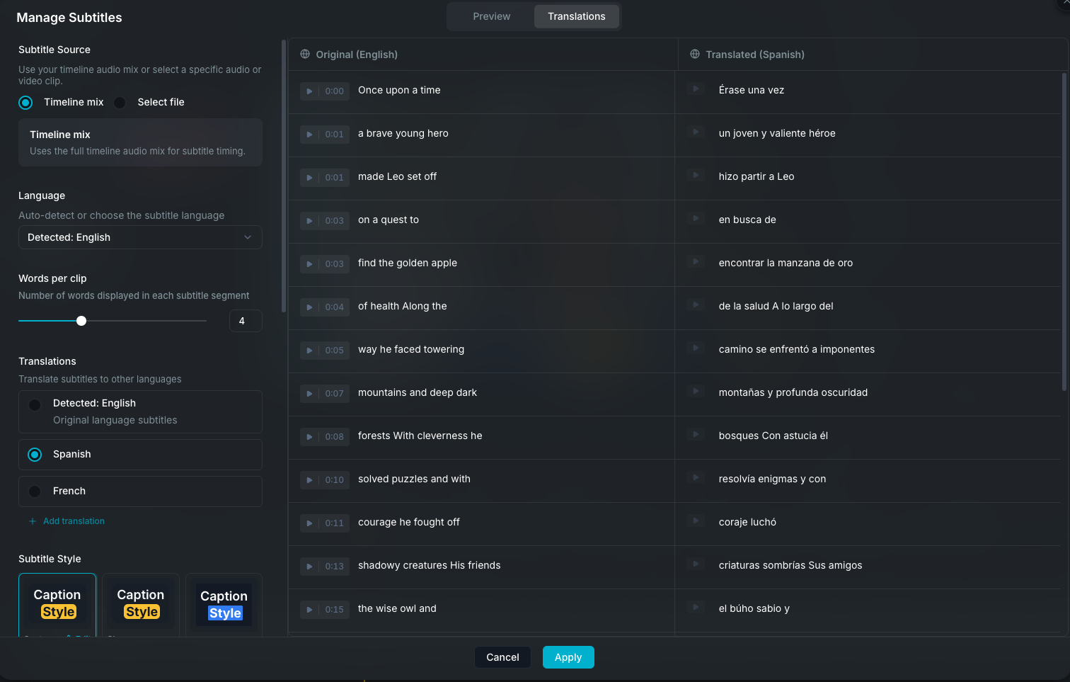 Subtitle translation editor