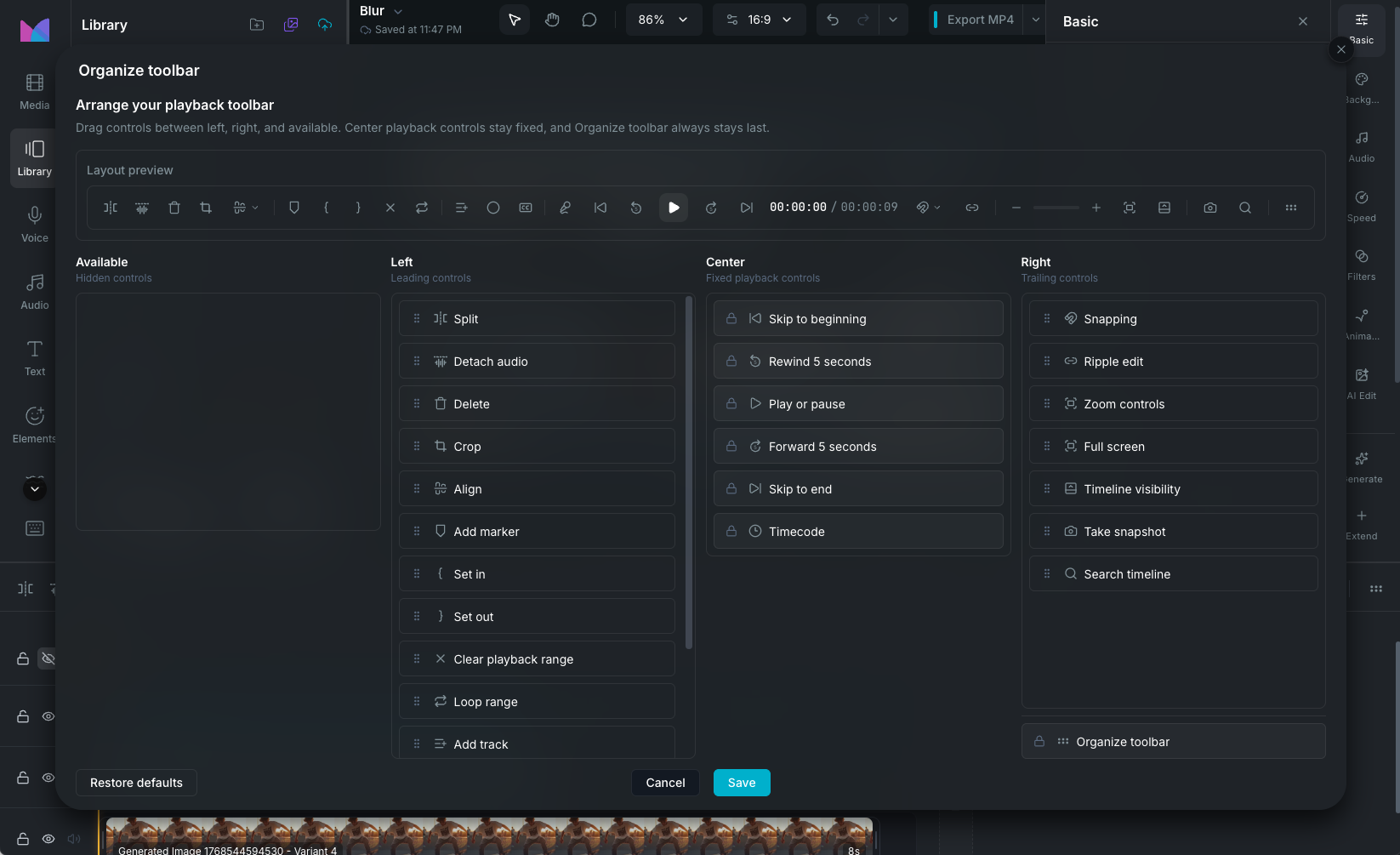Toolbar organizer modal
