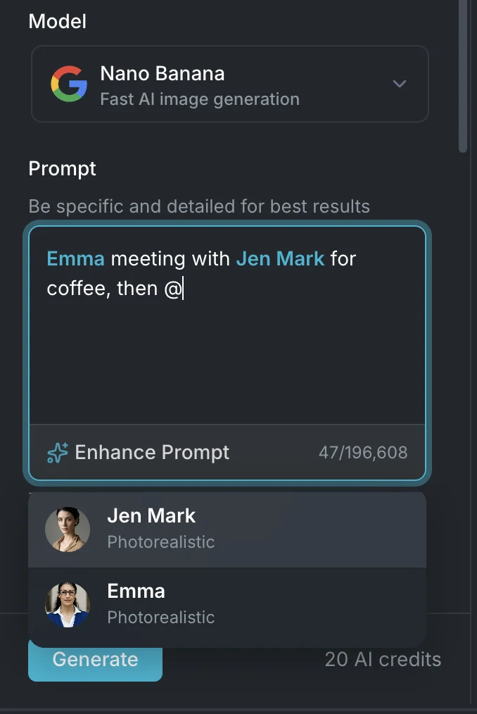 Mentioning AI Characters in a prompt with the @ dropdown