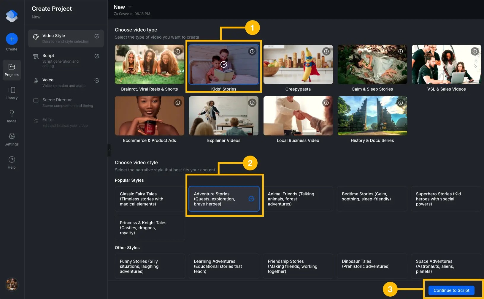 Cenematic guided creation flow