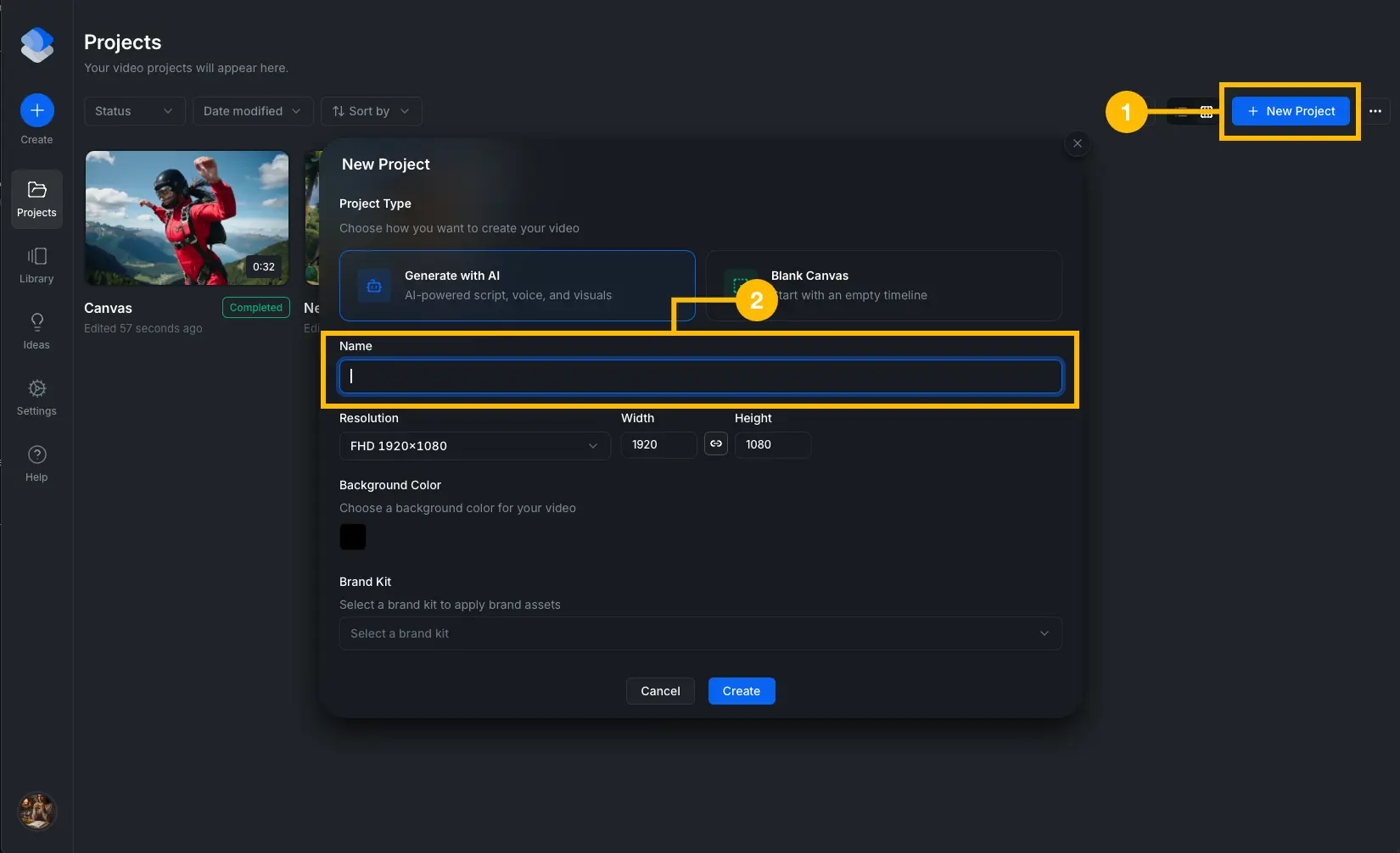 Cenematic new project modal