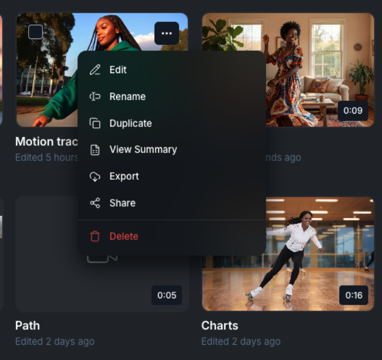 Project actions menu