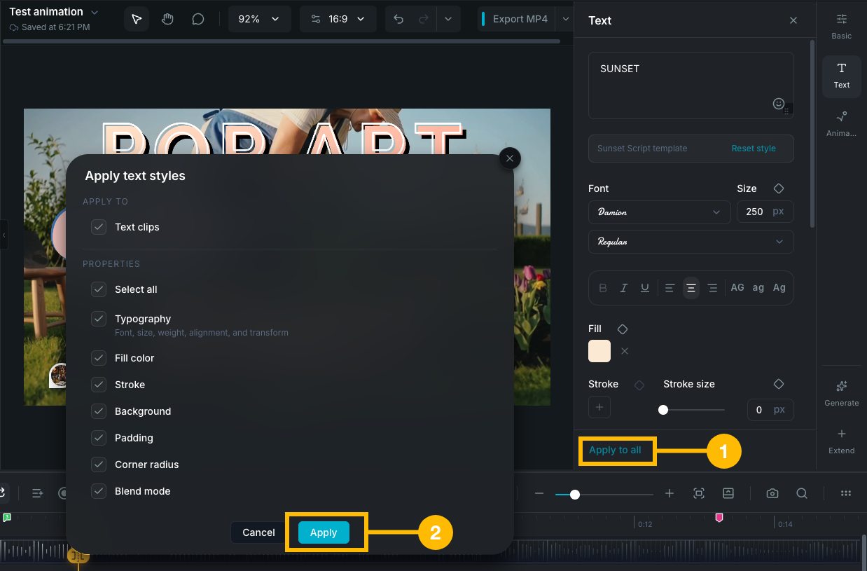 Apply style to all text clips