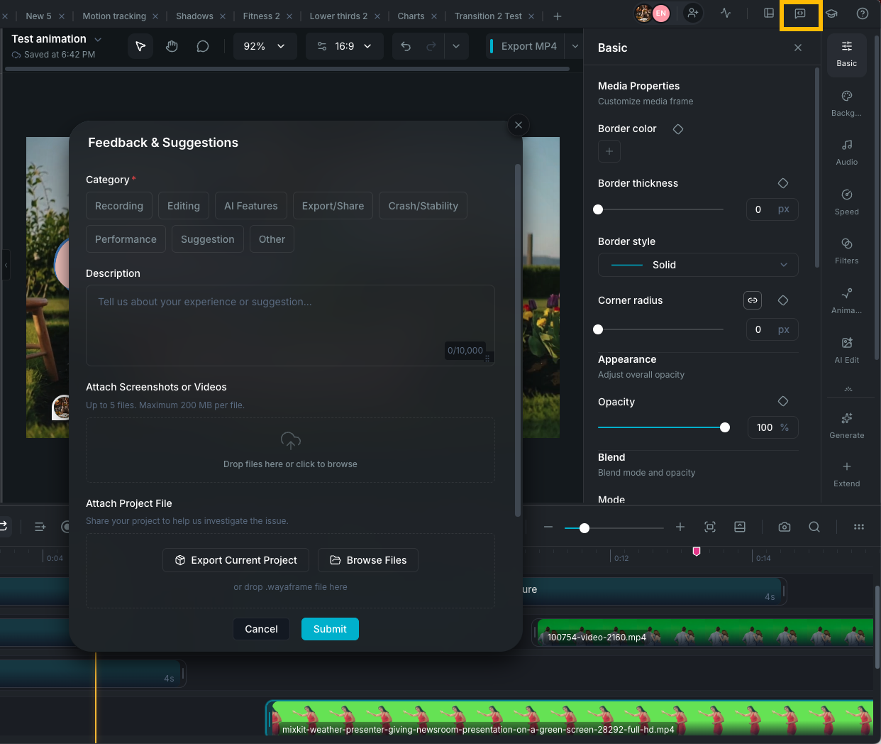 Feedback and Suggestions modal