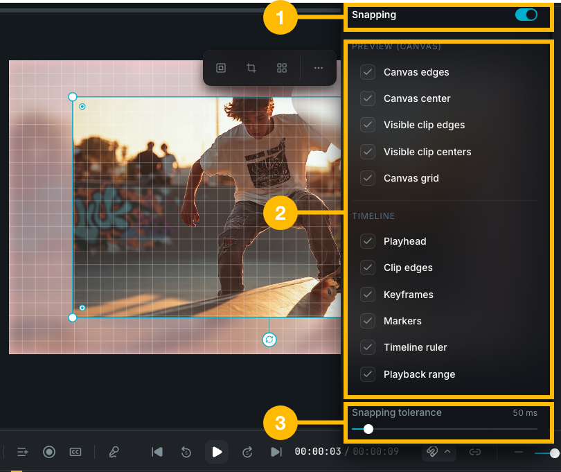 Snap settings dropdown